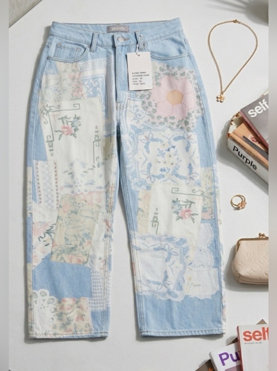 blue b Denim - Patchwork Floral Wide-Leg Jeans - Light Blue Floral